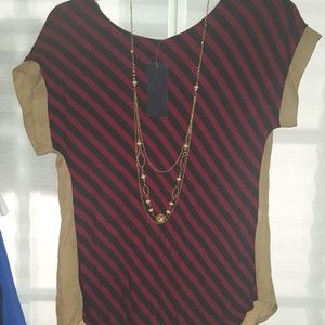 Red and black stripped shirt with necklace